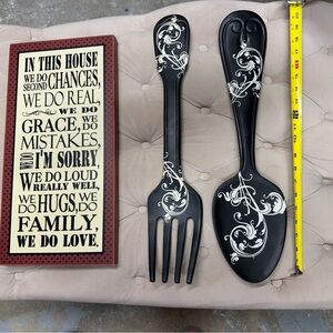 Elegant Black and White Decorative Utensil Set with plaque for wall